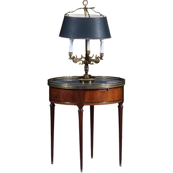 Grote foto bouillotte tafel met twee laden en twee tirettes ca 1910 bronzen randje no.301805 antiek en kunst stoelen en banken