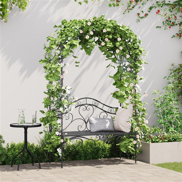 Grote foto vidaxl tuinbank met boog bloemontwerp zwart 121 cm staal tuin en terras tuinmeubelen