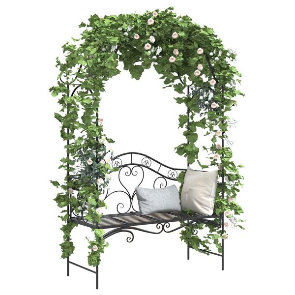 Grote foto vidaxl tuinbank met boog bloemontwerp zwart 121 cm staal tuin en terras tuinmeubelen