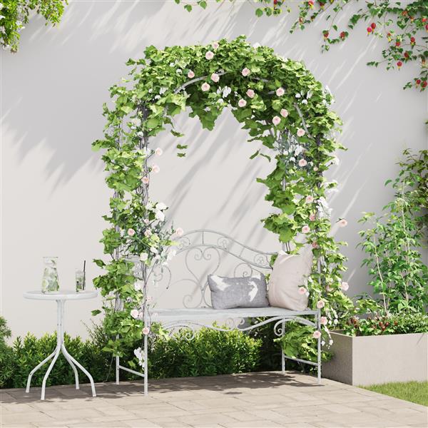 Grote foto vidaxl tuinbank met boog bloemontwerp wit 121 cm staal tuin en terras tuinmeubelen