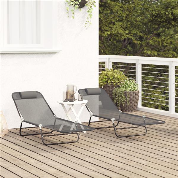 Grote foto vidaxl inklapbare zon ligstoelen 2 stuks met hoofdkussen grijze textilene tuin en terras tuinmeubelen