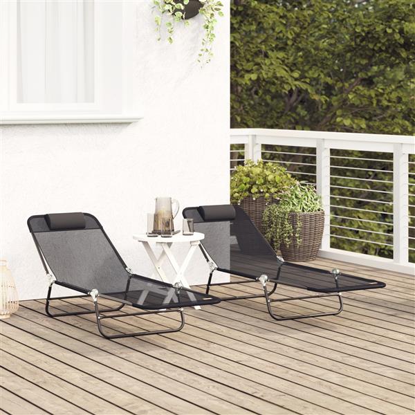 Grote foto vidaxl opvouwbare zonnebanken 2 stuks met hoofdkussen zwart textileen tuin en terras tuinmeubelen