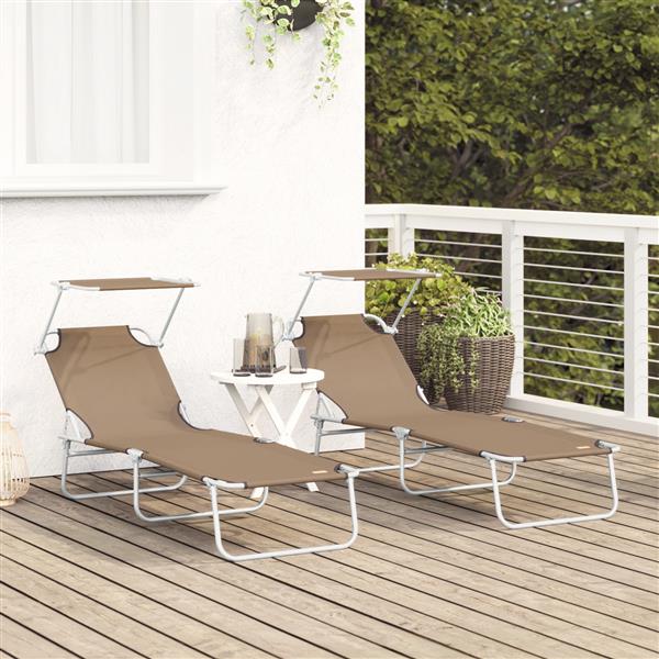 Grote foto vidaxl opvouwbare zonnebedden 2 stuks met luifel taupe 600d oxford stof tuin en terras tuinmeubelen