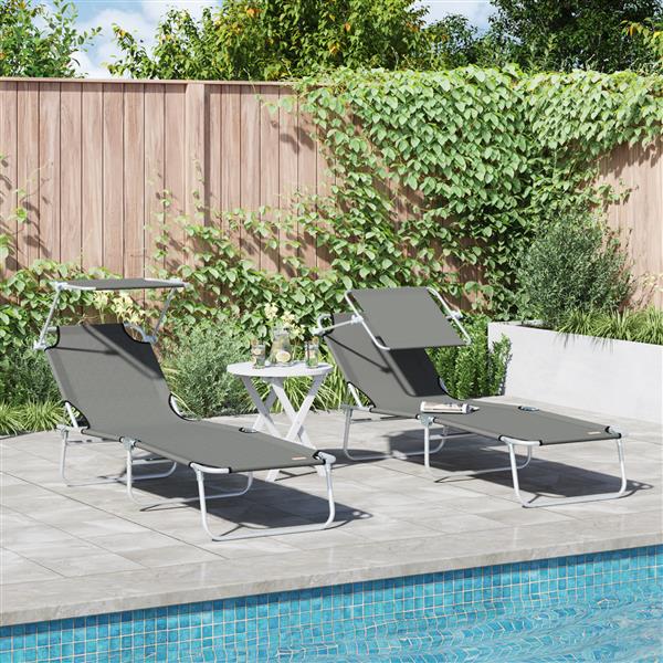 Grote foto vidaxl opvouwbare zonnebeden 2 stuks met afdak grijze 600d oxford stof tuin en terras tuinmeubelen