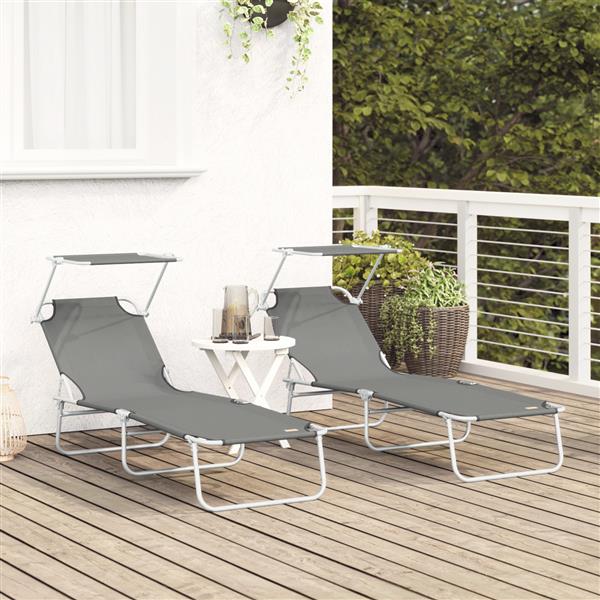 Grote foto vidaxl opvouwbare zonnebeden 2 stuks met afdak grijze 600d oxford stof tuin en terras tuinmeubelen