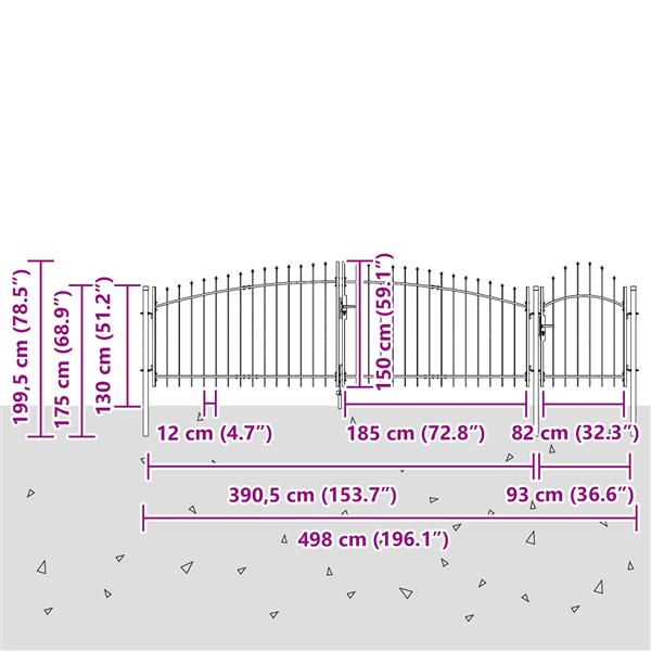 Grote foto vidaxl tuinpoort met speerpunt grijs 150x500 cm staal tuin en terras hekken en schuttingen