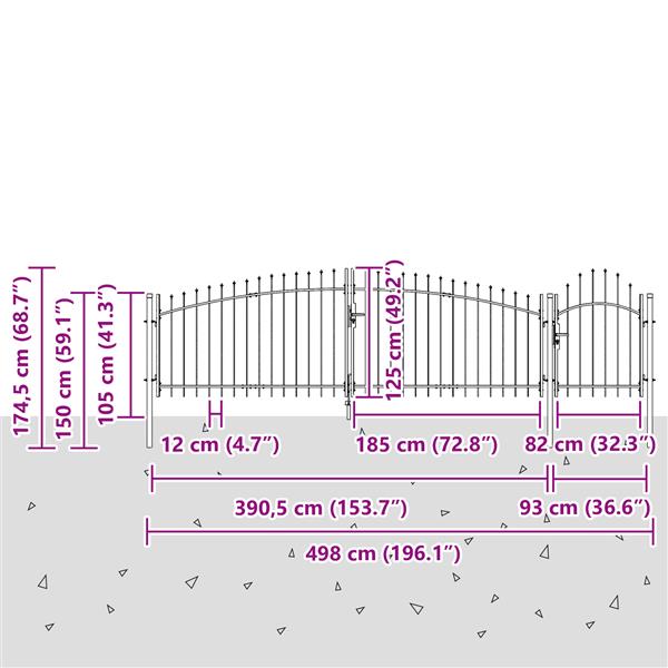 Grote foto vidaxl tuindeur met spitse top grijs 125x500 cm staal tuin en terras hekken en schuttingen