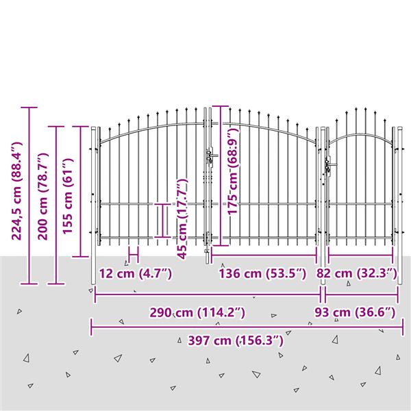 Grote foto vidaxl tuindeur met spitse top grijs 175x400 cm staal tuin en terras hekken en schuttingen