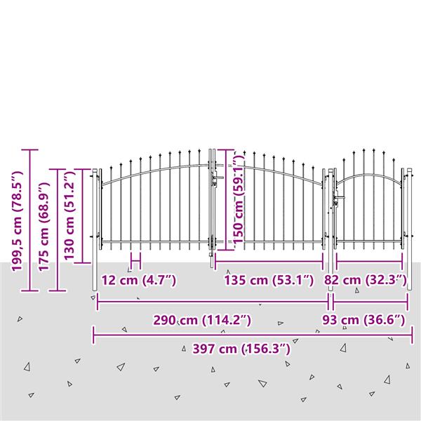 Grote foto vidaxl tuindeur met puntige bovenkant grijs 150x400 cm staal tuin en terras hekken en schuttingen