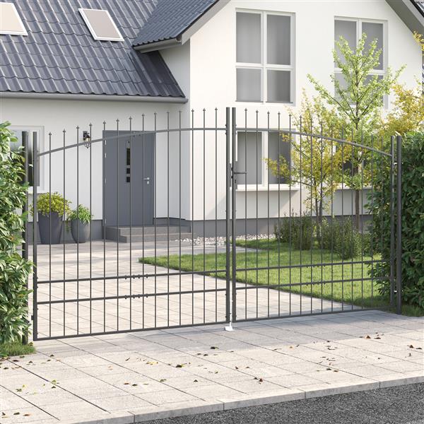 Grote foto vidaxl tuinpoort met puntontwerp dubbele schuif houtskool 200x400 cm staal tuin en terras hekken en schuttingen