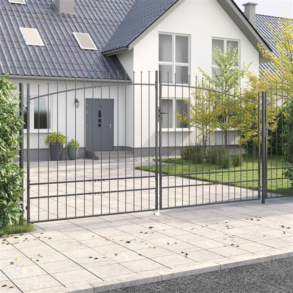Grote foto vidaxl tuinpoort met puntontwerp dubbele schuif houtskool 200x400 cm staal tuin en terras hekken en schuttingen