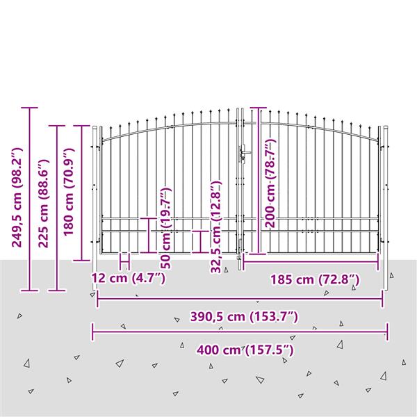 Grote foto vidaxl tuinpoort met puntontwerp dubbele schuif houtskool 200x400 cm staal tuin en terras hekken en schuttingen
