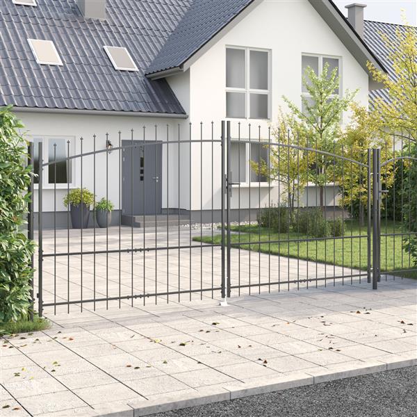 Grote foto vidaxl tuindeur met spitse top dubbele schuif grijs 175x400 cm staal tuin en terras hekken en schuttingen