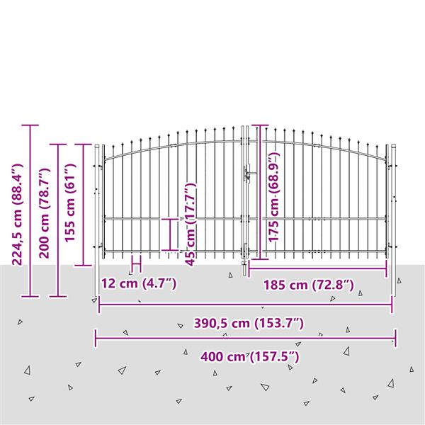 Grote foto vidaxl tuindeur met spitse top dubbele schuif grijs 175x400 cm staal tuin en terras hekken en schuttingen