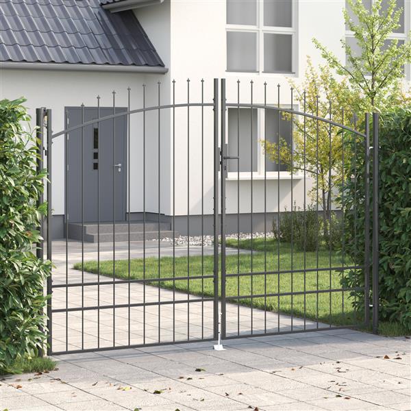 Grote foto vidaxl tuinpoort met lansen top dubbele swing grijs 200x300 cm staal tuin en terras hekken en schuttingen