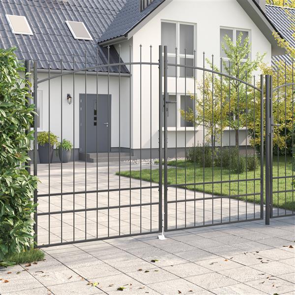 Grote foto vidaxl tuinpoort met lansen top dubbele swing grijs 200x300 cm staal tuin en terras hekken en schuttingen