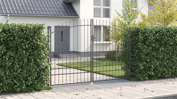 Grote foto vidaxl tuinpoort met lansen top dubbele swing grijs 200x300 cm staal tuin en terras hekken en schuttingen