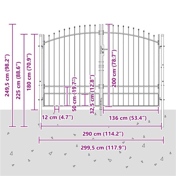 Grote foto vidaxl tuinpoort met lansen top dubbele swing grijs 200x300 cm staal tuin en terras hekken en schuttingen