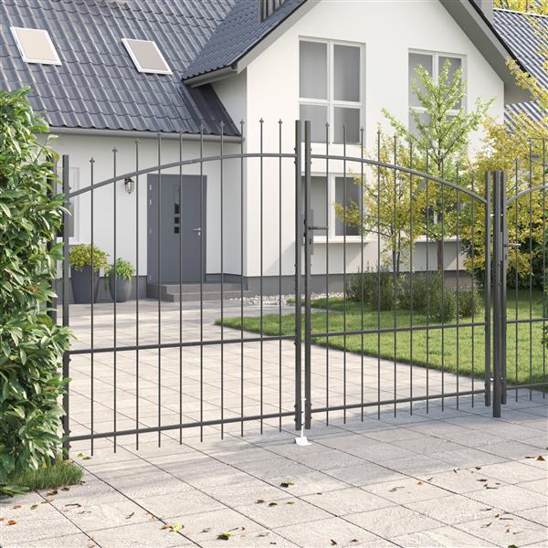 Grote foto vidaxl tuindeur met spiraal top dubbele swing grijs 175x300 cm staal tuin en terras hekken en schuttingen