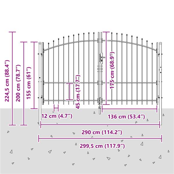 Grote foto vidaxl tuindeur met spiraal top dubbele swing grijs 175x300 cm staal tuin en terras hekken en schuttingen