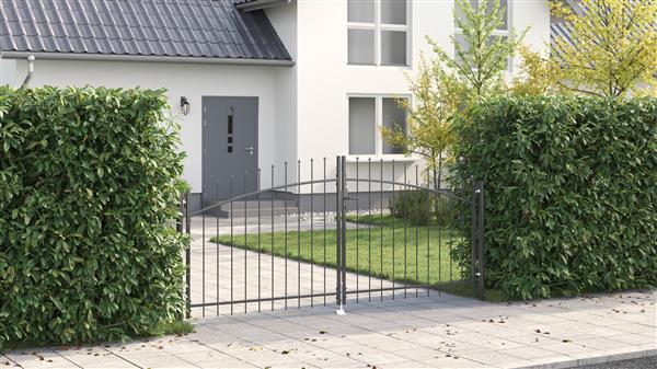 Grote foto vidaxl tuinhek met spits top dubbele swing grijs 125x300 cm staal tuin en terras hekken en schuttingen