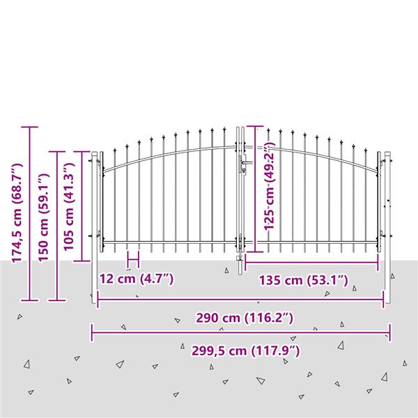 Grote foto vidaxl tuinhek met spits top dubbele swing grijs 125x300 cm staal tuin en terras hekken en schuttingen
