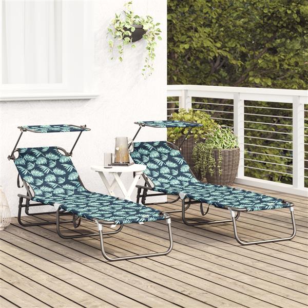 Grote foto vidaxl vouwbare ligbedden 2 stuks met luifel bladerenprint 600d oxford stof tuin en terras tuinmeubelen