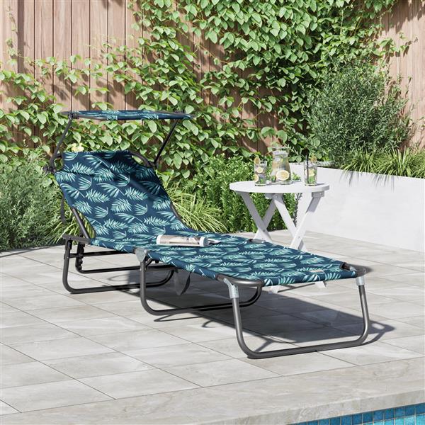 Grote foto vidaxl opvouwbaar ligbed met luifel bladerenprint 600d oxford stof tuin en terras tuinmeubelen