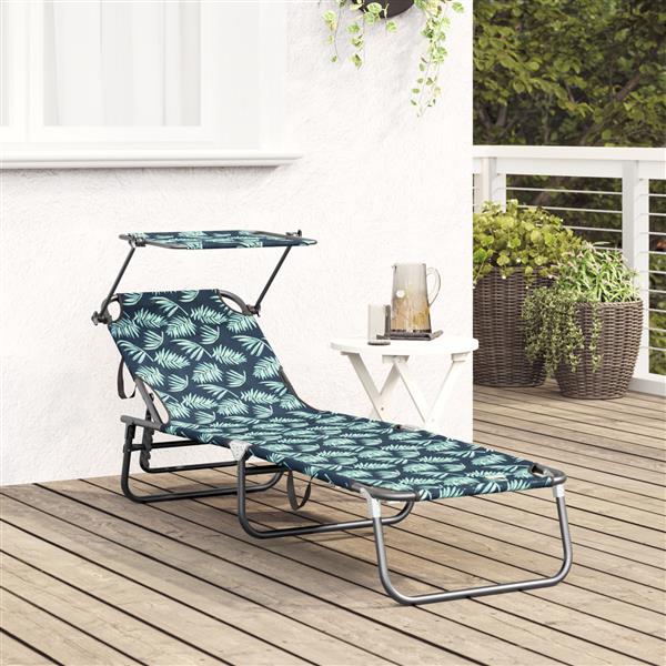 Grote foto vidaxl opvouwbaar ligbed met luifel bladerenprint 600d oxford stof tuin en terras tuinmeubelen