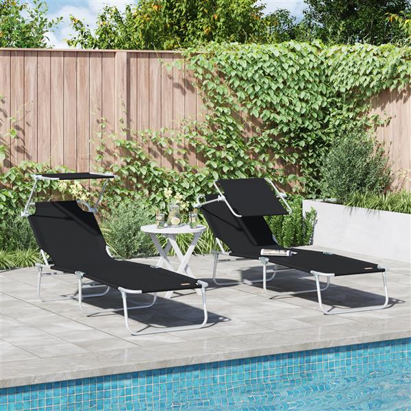Grote foto vidaxl inklapbare zonnebanken 2 stuks met luifel zwart 600d oxford stof tuin en terras tuinmeubelen