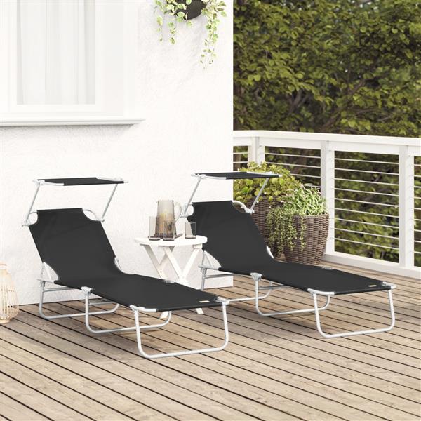 Grote foto vidaxl inklapbare zonnebanken 2 stuks met luifel zwart 600d oxford stof tuin en terras tuinmeubelen