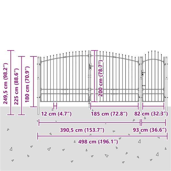 Grote foto vidaxl tuindeur met puntige bovenkant grijs 195x500 cm staal tuin en terras hekken en schuttingen