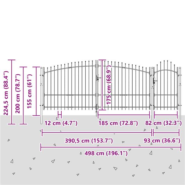 Grote foto vidaxl tuindeur met speer top grijs 175x500 cm staal tuin en terras hekken en schuttingen