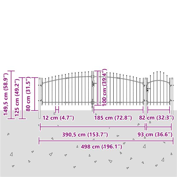 Grote foto vidaxl tuinpoort met speerpunt grijs 100x500 cm staal tuin en terras hekken en schuttingen