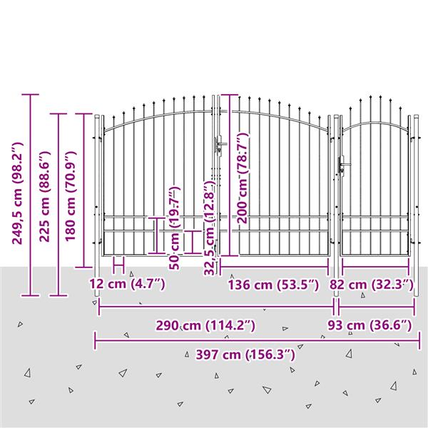 Grote foto vidaxl tuindeur met spitse bovenkant grijs 195x400 cm staal tuin en terras hekken en schuttingen