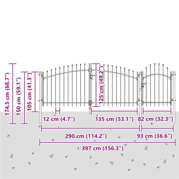 Grote foto vidaxl tuinafsluiting met spitse top grijs 125x400 cm staal tuin en terras hekken en schuttingen