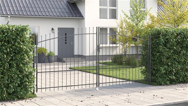 Grote foto vidaxl tuindeur met spitse top dubbele schuif grijs 175x400 cm staal tuin en terras hekken en schuttingen