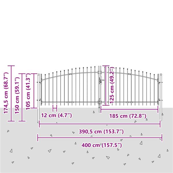 Grote foto vidaxl tuinpoort met spitse top dubbele swing grijs 125x400 cm staal tuin en terras hekken en schuttingen