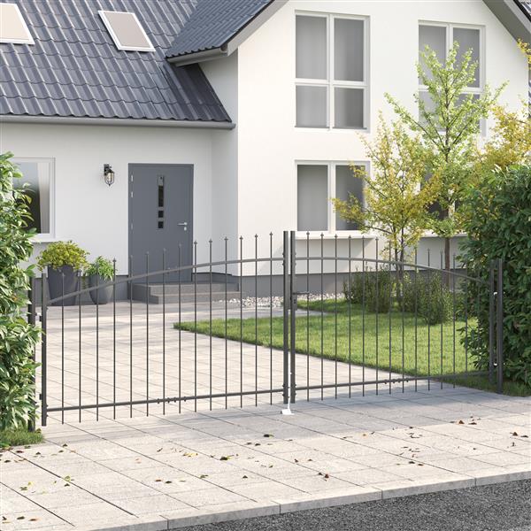 Grote foto vidaxl tuinpoort met spitse top dubbele swing grijs 100x400 cm staal tuin en terras hekken en schuttingen