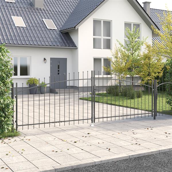 Grote foto vidaxl tuinpoort met spitse top dubbele swing grijs 100x400 cm staal tuin en terras hekken en schuttingen