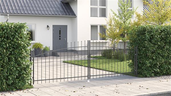 Grote foto vidaxl tuinpoort met spitse top dubbele swing grijs 100x400 cm staal tuin en terras hekken en schuttingen