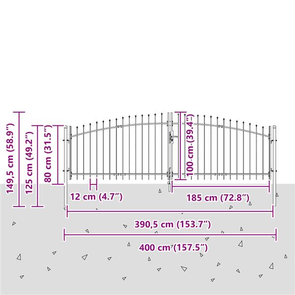 Grote foto vidaxl tuinpoort met spitse top dubbele swing grijs 100x400 cm staal tuin en terras hekken en schuttingen
