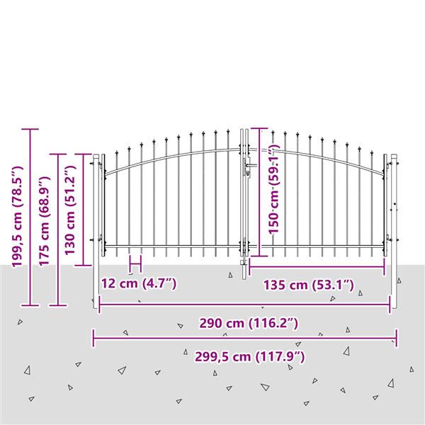 Grote foto vidaxl tuindeur met spear top dubbele schouder grijs 150x300 cm staal tuin en terras hekken en schuttingen