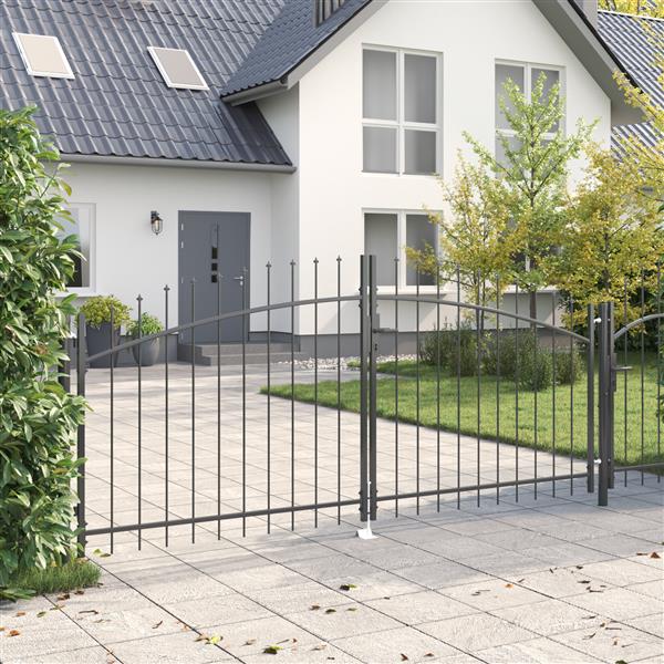 Grote foto vidaxl tuinpoort met spits dubbele schuif grijs 100x300 cm staal tuin en terras hekken en schuttingen