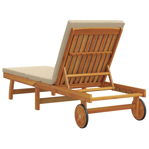 Grote foto vidaxl zonnebed met wielen en kussen beige van massief hout tuin en terras tuinmeubelen
