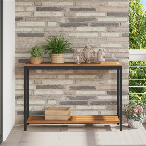Grote foto vidaxl buitentafel natuur zwart 35x110x75 cm massief hout en staal tuin en terras tuinmeubelen