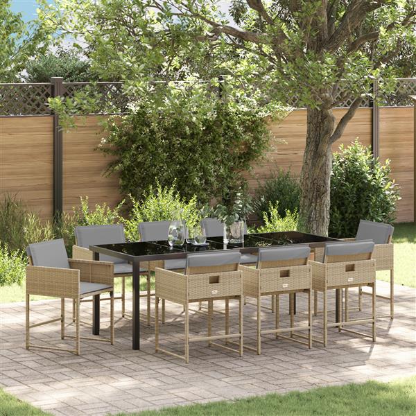 Grote foto vidaxl 9 delige tuin eetset met kussens beige poly rattan tuin en terras tuinmeubelen