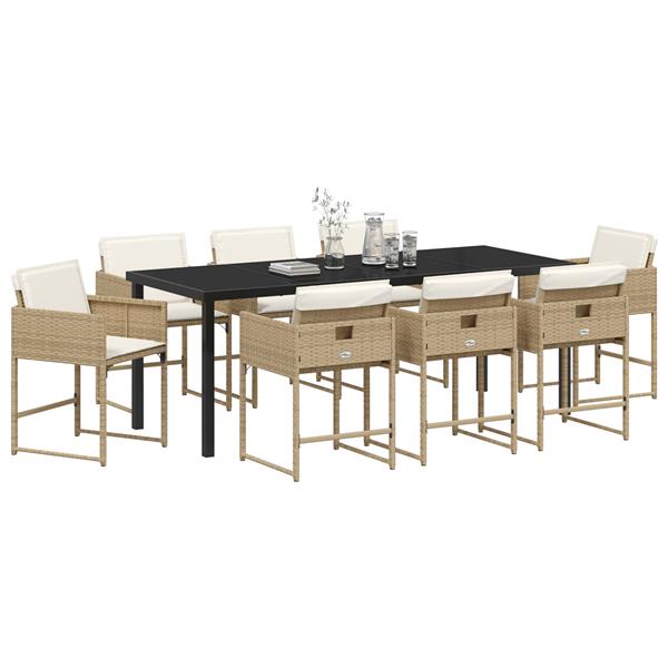 Grote foto vidaxl 9 delige tuin eettafelset met kussens beige poly rattan tuin en terras tuinmeubelen