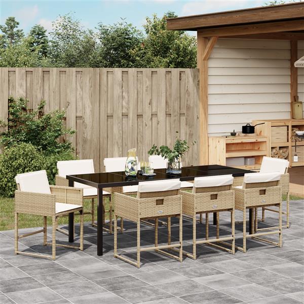 Grote foto vidaxl 9 delige tuin eettafelset met kussens beige poly rattan tuin en terras tuinmeubelen