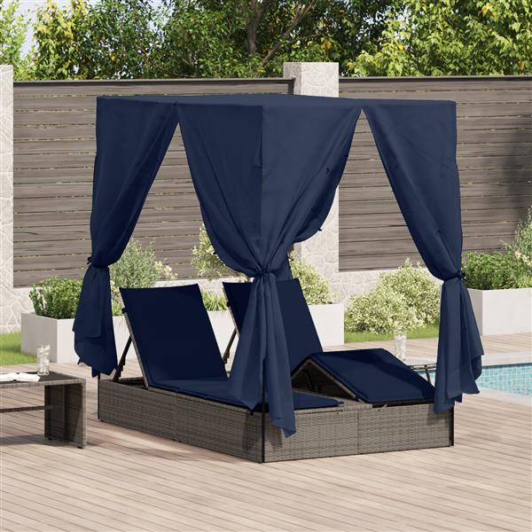 Grote foto vidaxl dubbel ligbed met dak en gordijnen grijs poly rattan tuin en terras tuinmeubelen